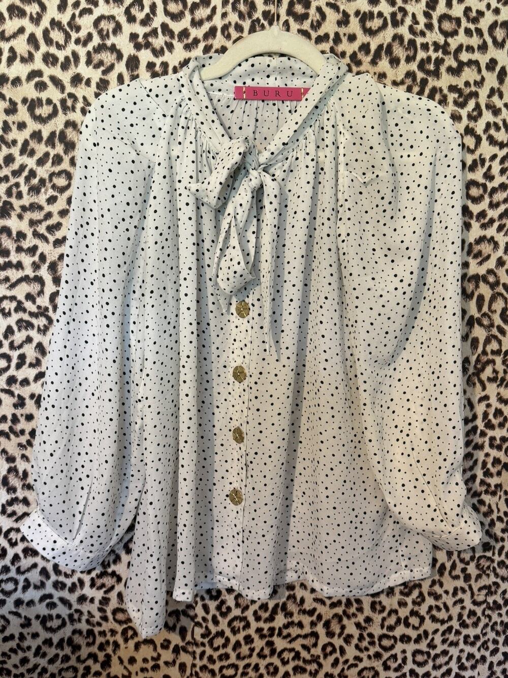 Buru Women white black Polka dots 3/4 Sleeve neck tie Blouse XS